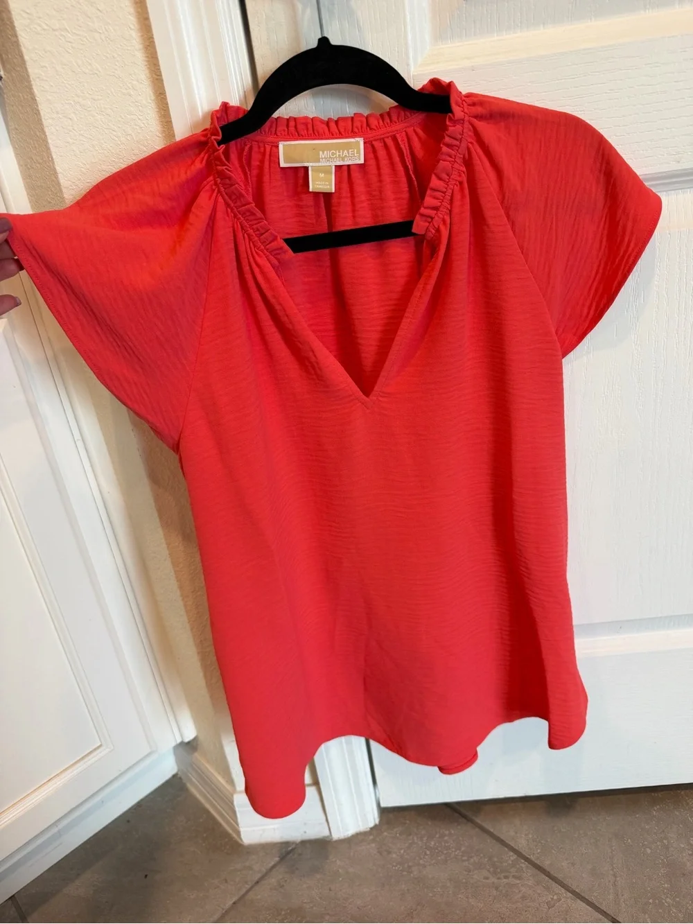 Michael Kors Coral Red Ruffled V-Neck Short Sleeve Blouse